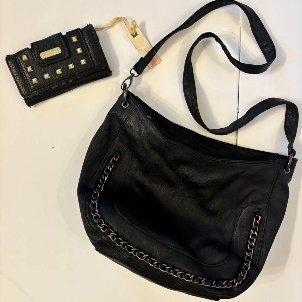 Jessica Simpson Black Leather Hobo Bag & NWT Matching Wallet SET